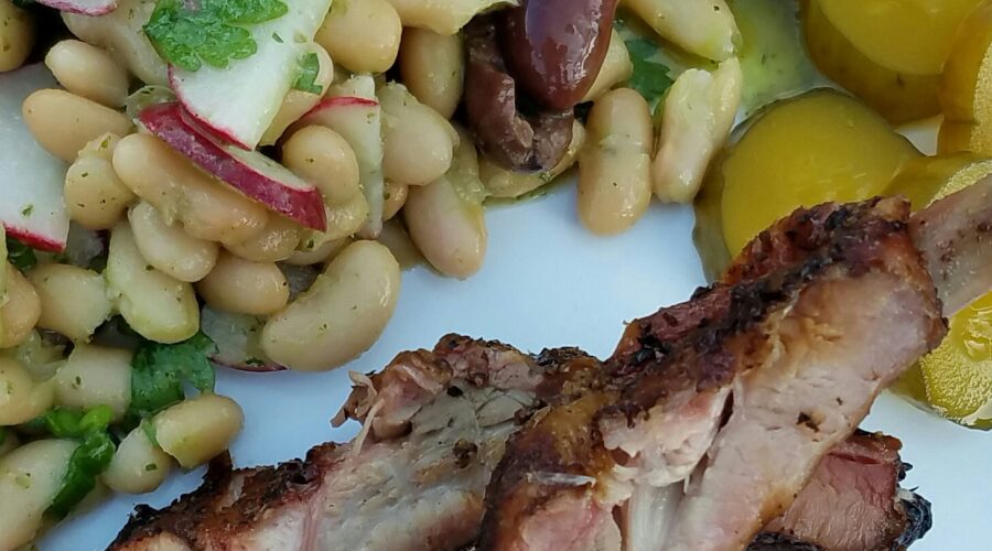 Recipes –Smoky Ribs, White Bean and Black Olive Salad, Blueberry Streusel Tart