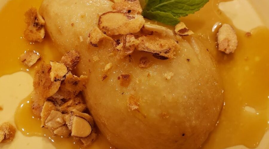 Amaretto Roasted Pears with Almond Crunch